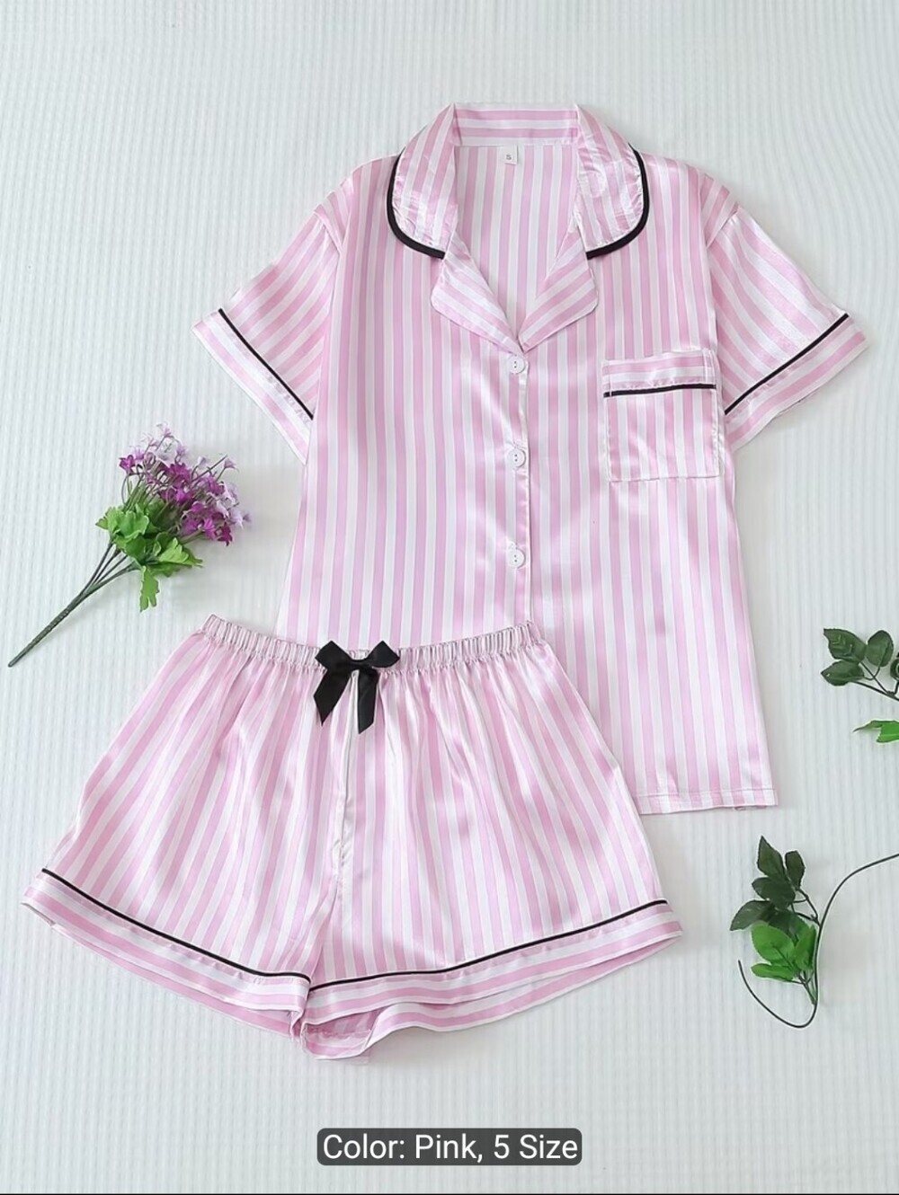 Pink Striped Satin Short Pajama Set with Black Trim